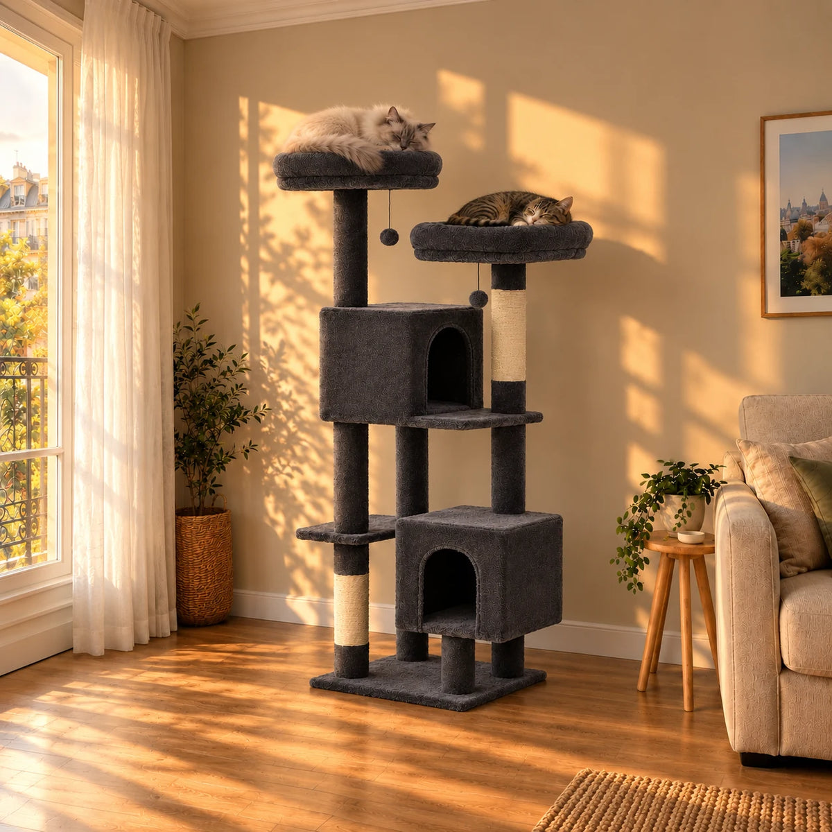 Arbre à chat Bramble gris anthracite dans un salon au coucher du soleil avec deux chats endormis