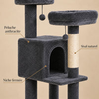 Détails de la peluche anthracite, de la niche fermée et du sisal naturel de l’arbre à chat Bramble