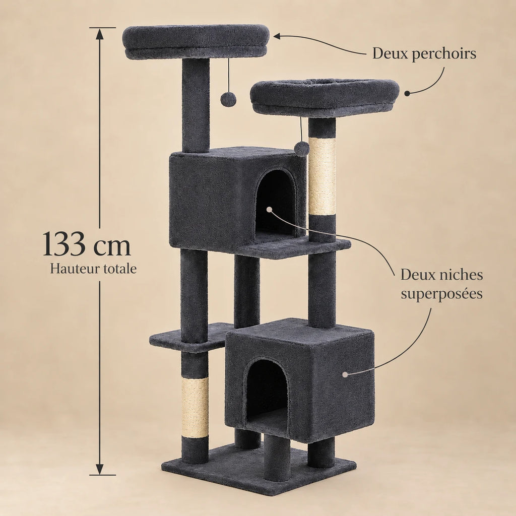 Dimensions de l’arbre à chat Bramble gris anthracite : hauteur totale de 133 cm, deux niches et deux perchoirs