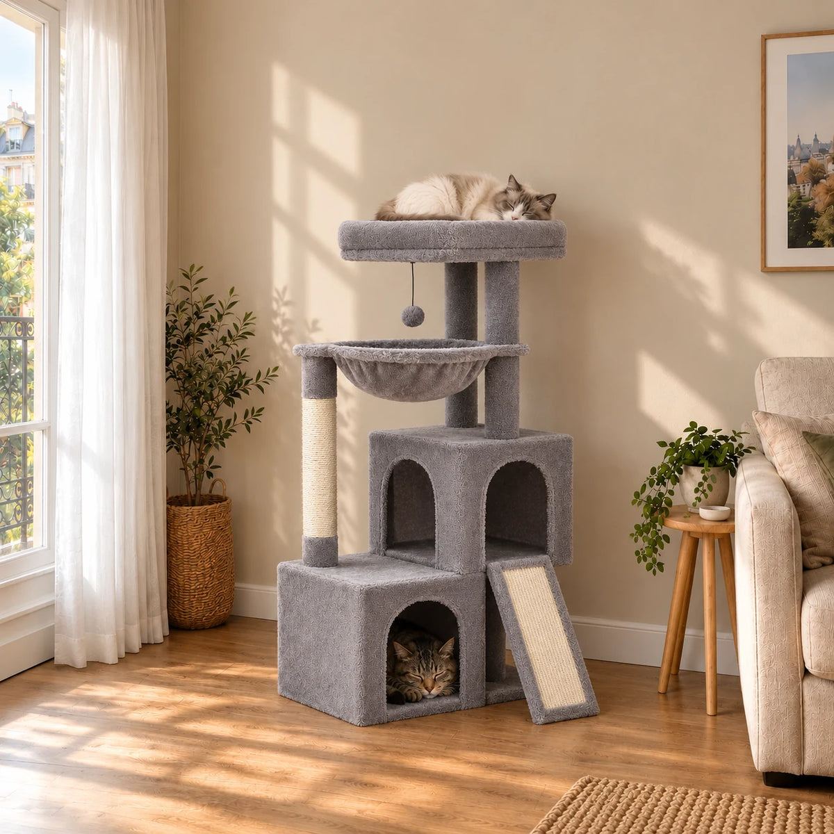 Arbre à chat Pewter gris dans un salon avec deux chats endormis dans la niche basse et sur le perchoir