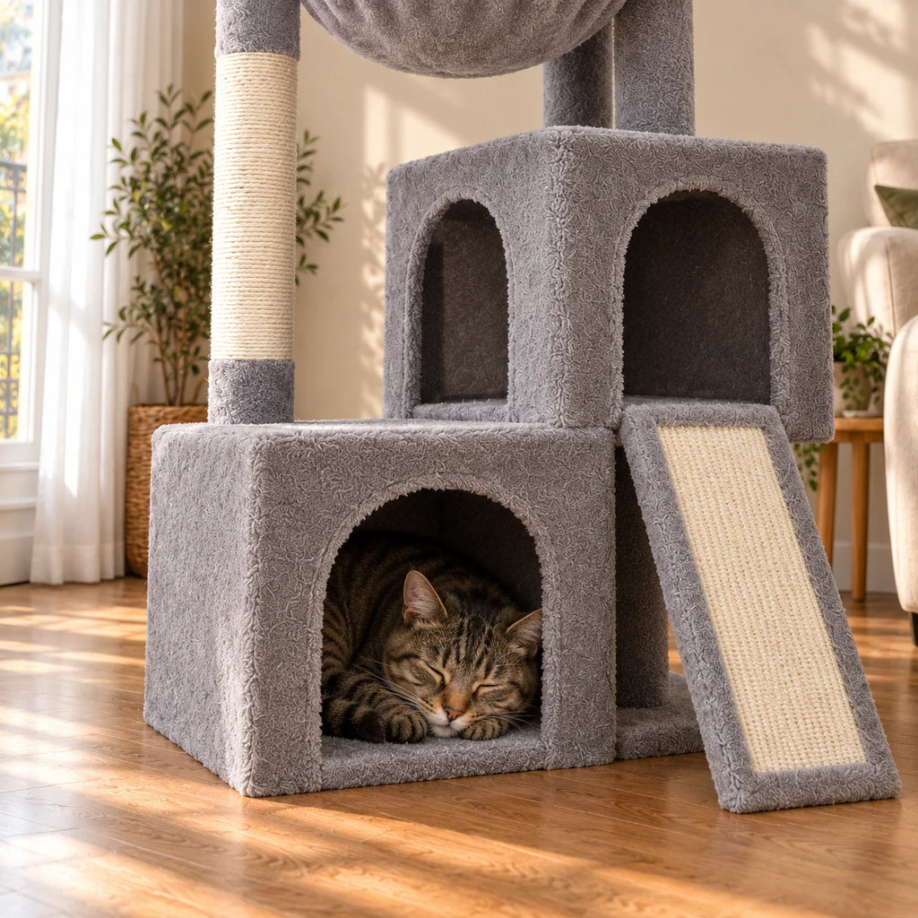 Chat endormi dans la niche basse de l’arbre à chat Pewter gris, détail de la rampe en sisal