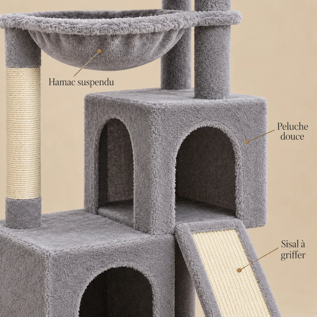 Détails de la peluche grise, du sisal à griffer et du hamac suspendu de l’arbre à chat Pewter