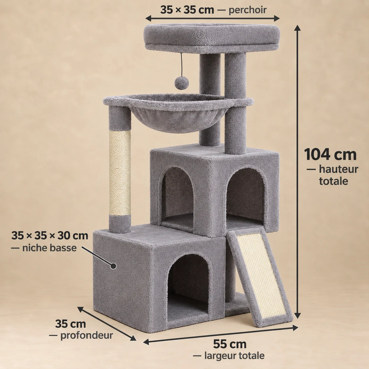 Dimensions de l’arbre à chat Pewter : hauteur 104 cm, largeur 55 cm, profondeur 35 cm et niche basse 35 × 35 × 30 cm