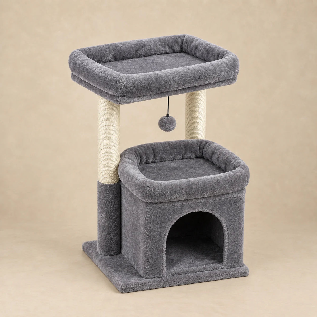 Arbre à chat Drizzle gris de 60 cm à double perchoir, vue entière sur fond beige