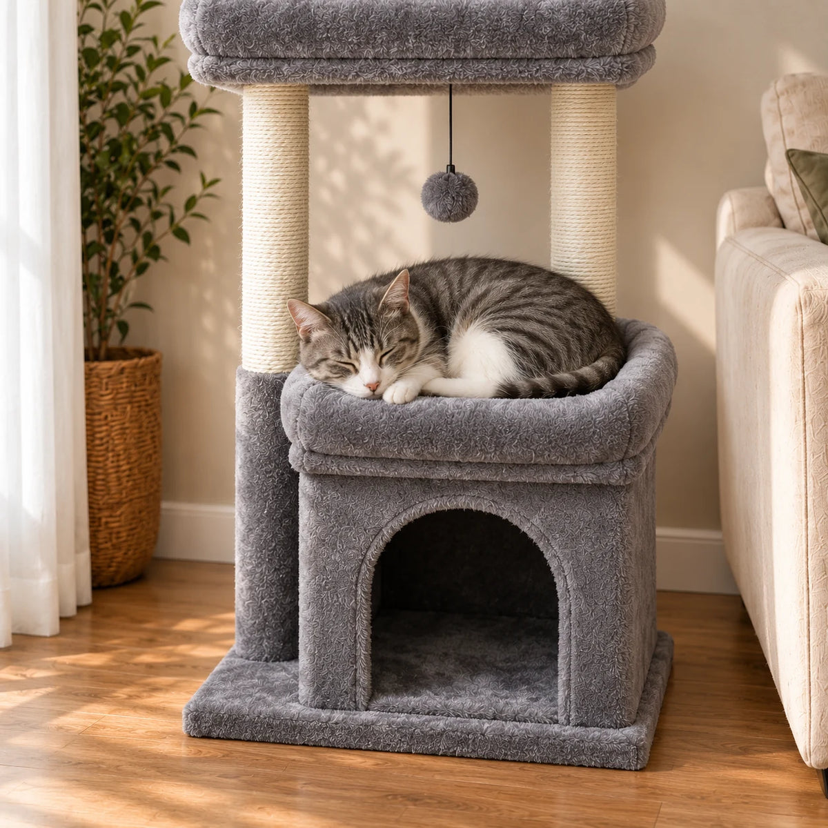 Chat endormi sur le perchoir inférieur de l’arbre à chat Drizzle gris