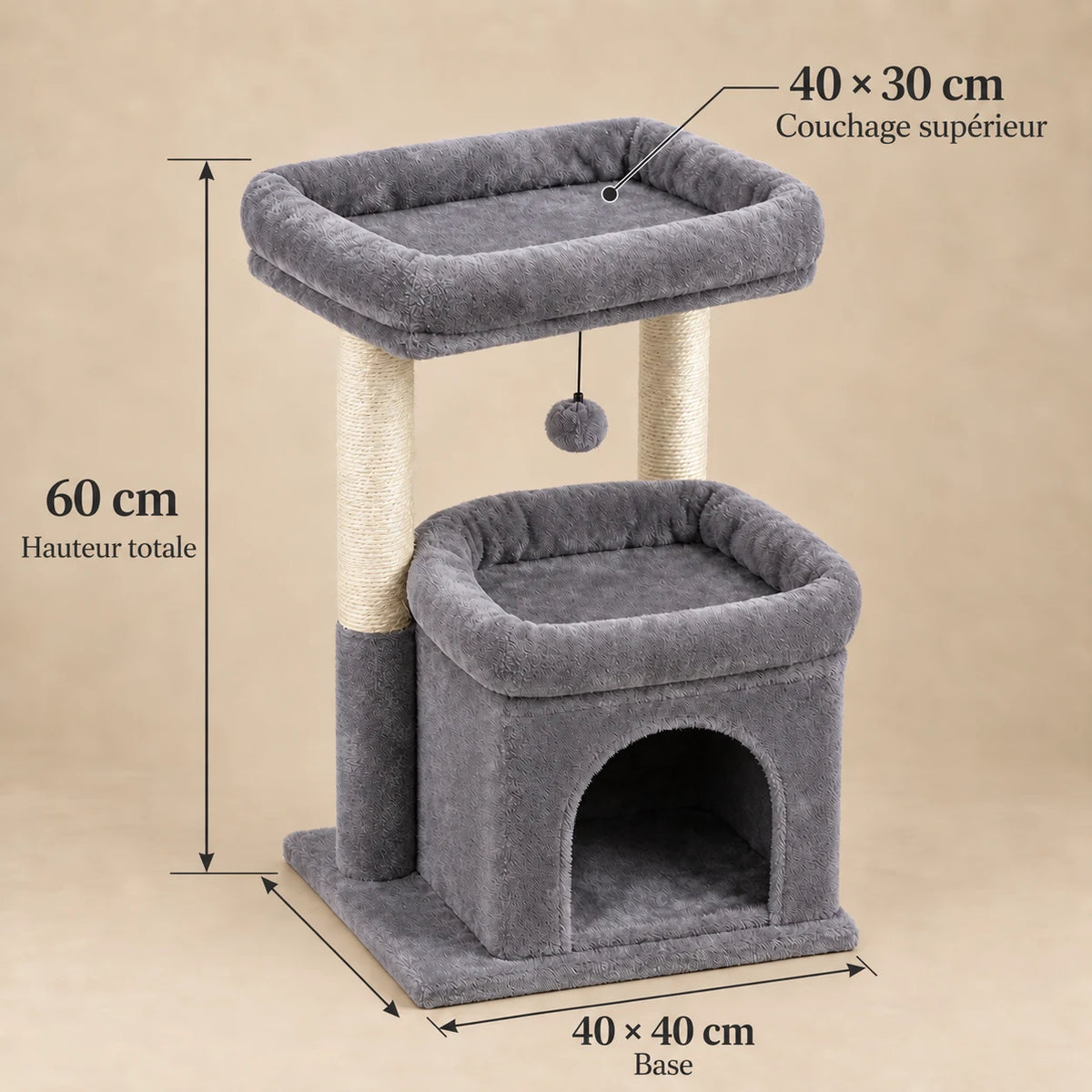 Dimensions de Drizzle gris : 60 cm de haut, base de 40 × 40 cm et couchage supérieur de 40 × 30 cm
