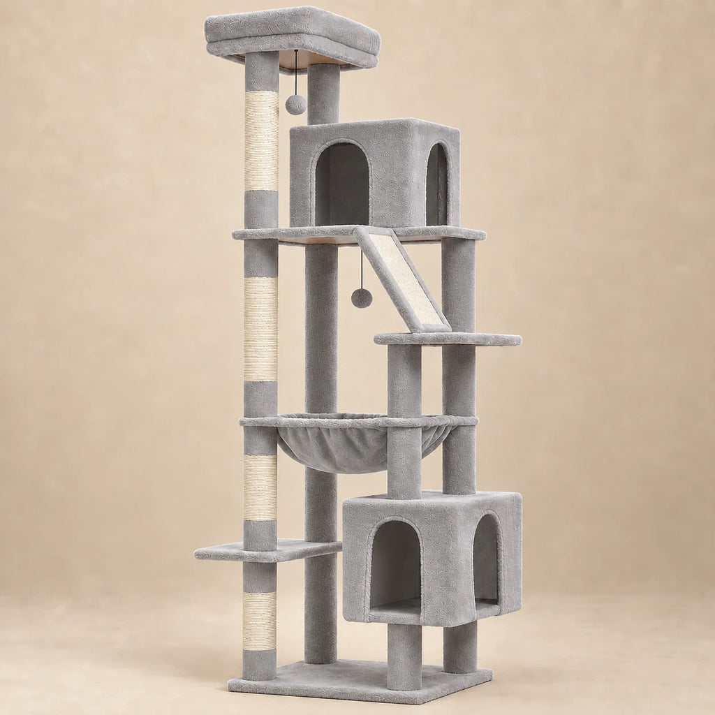 Arbre à chat Dove gris de 180 cm avec deux niches et hamac sur fond beige
