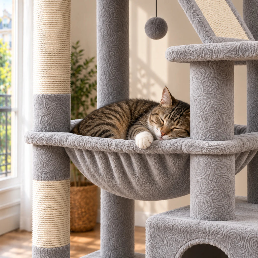 Chat endormi dans le hamac gris de l’arbre à chat Dove