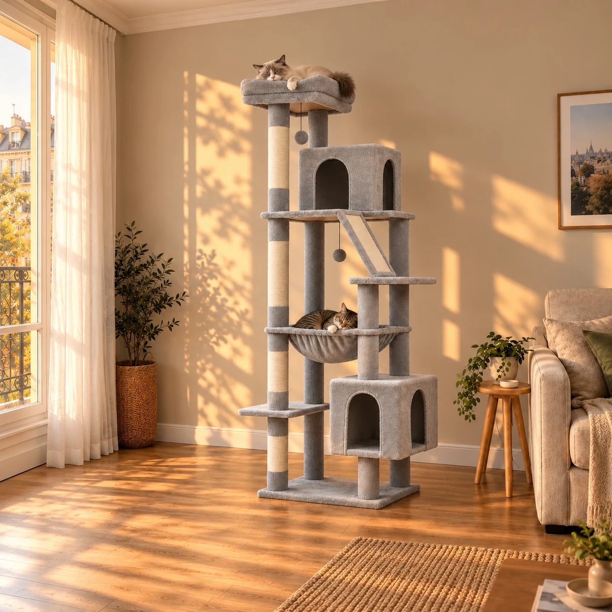 Arbre à chat Dove gris dans le salon au coucher du soleil avec deux chats endormis
