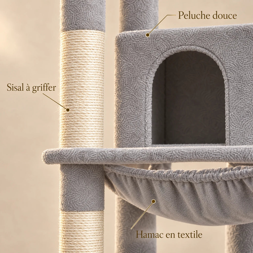 Détails de la peluche grise, du sisal et du hamac de l’arbre à chat Dove