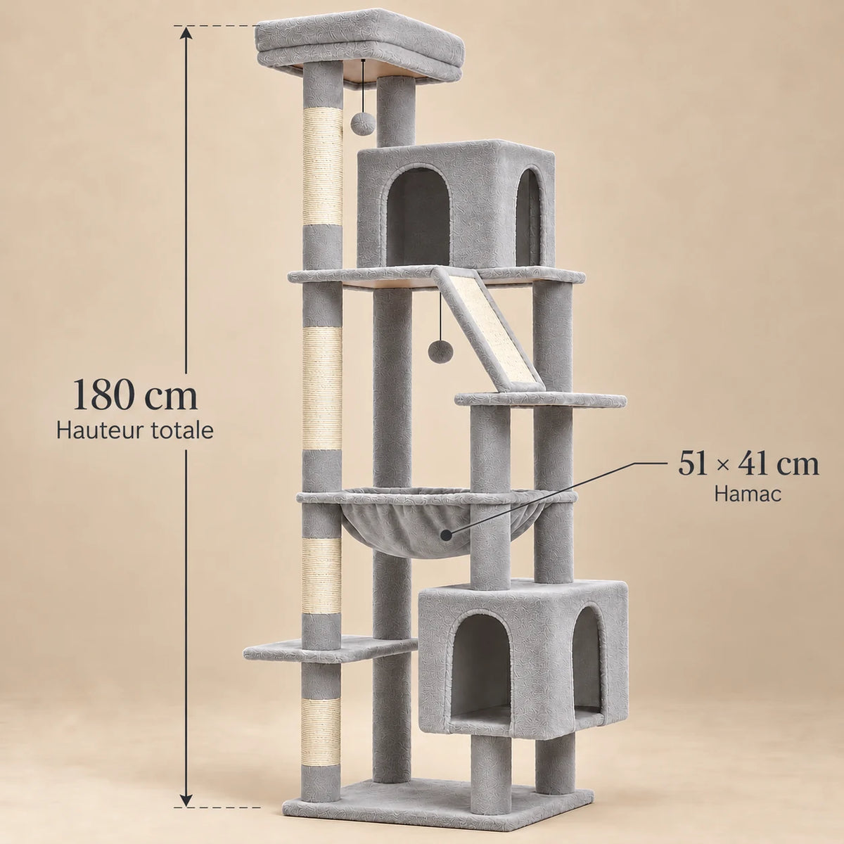 Dimensions de l’arbre à chat Dove gris : hauteur de 180 cm et hamac de 51 × 41 cm