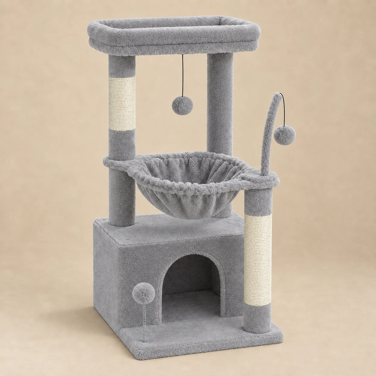 Arbre à chat Pigeon gris de 84 cm avec hamac profond, vue entière sur fond beige