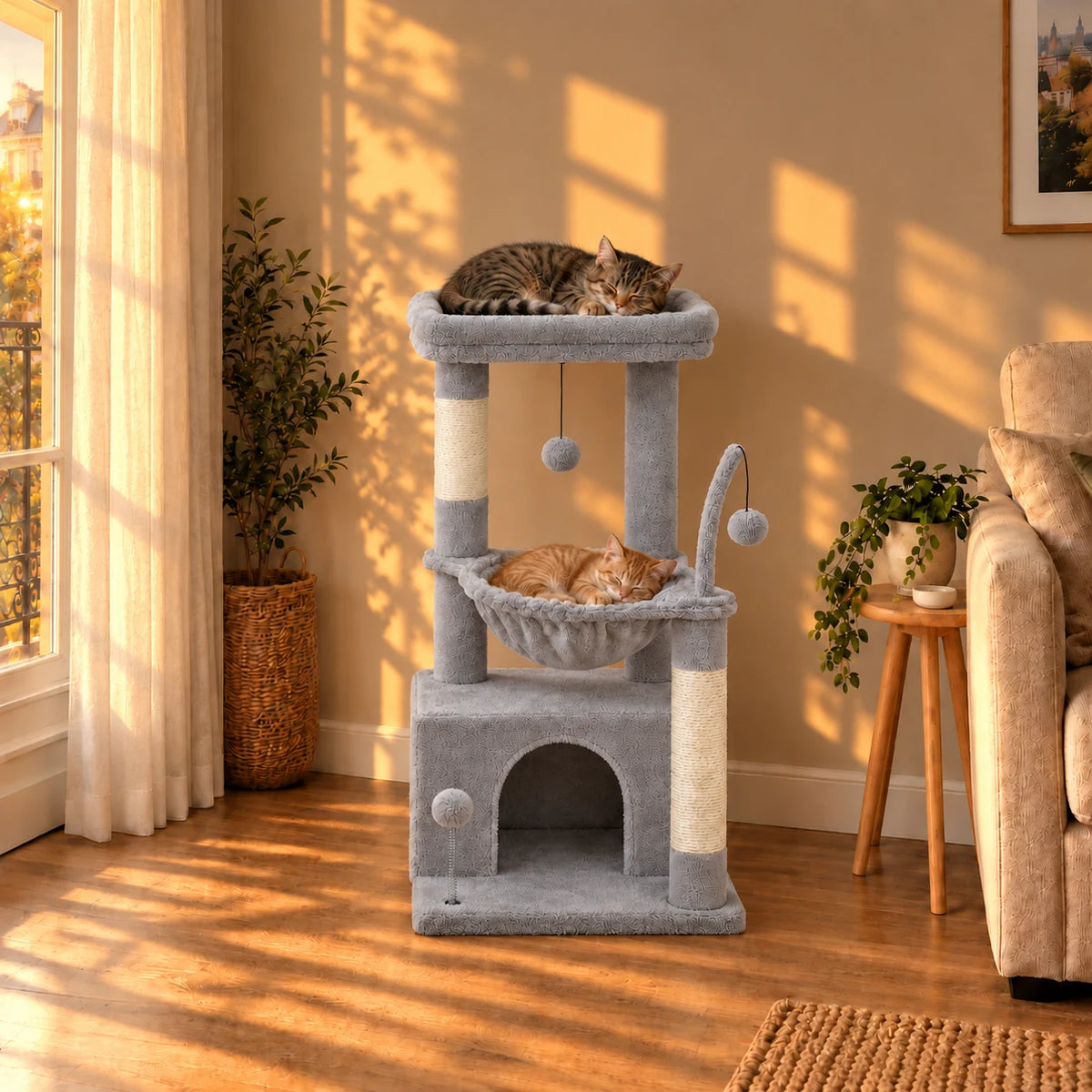 Arbre à chat Pigeon gris dans le même salon au coucher du soleil avec deux chats endormis