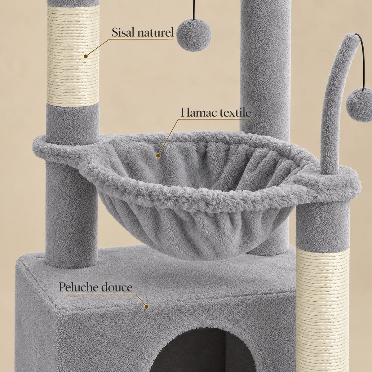Détails de Pigeon : peluche grise, corde en sisal naturel et hamac textile profond