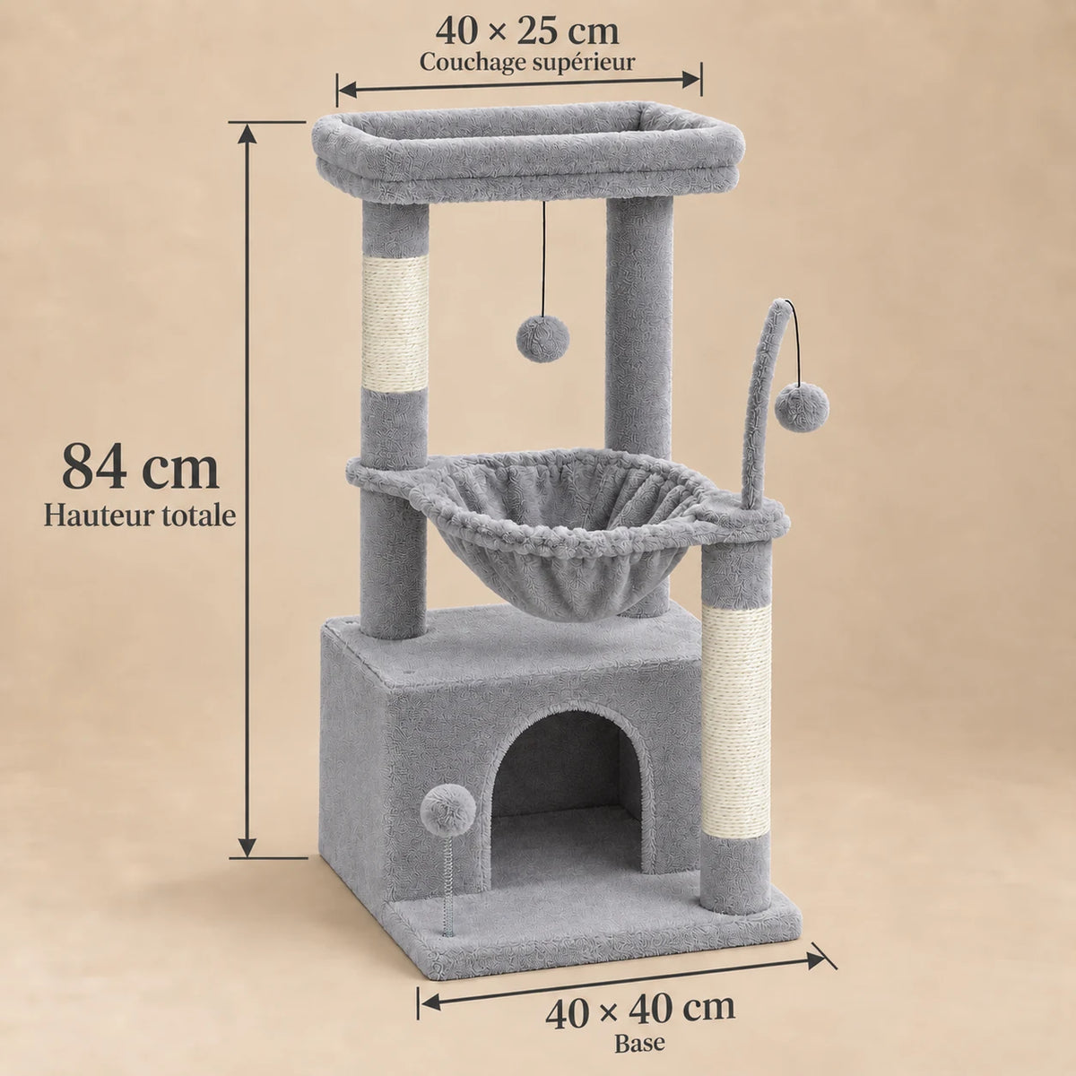 Dimensions de Pigeon gris : 84 cm de haut, base de 40 × 40 cm et couchage supérieur de 40 × 25 cm