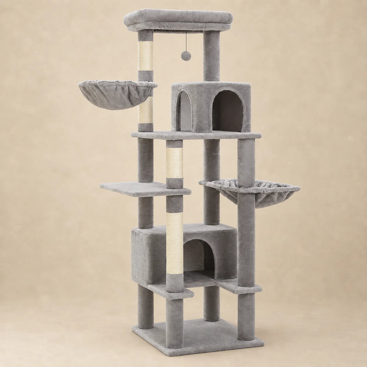 Arbre à chat gris Harlow pour Maine Coon, vue entière de face sur fond beige