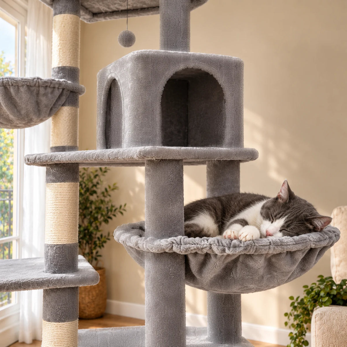 Chat gris et blanc endormi dans le hamac de l'arbre à chat Harlow, détail rapproché