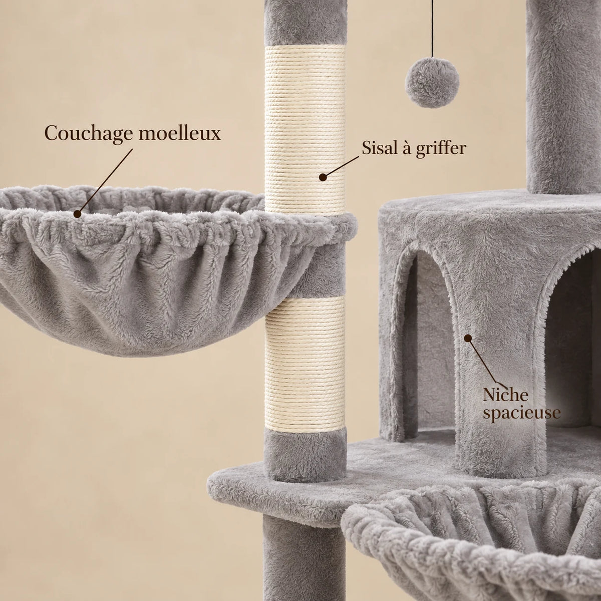 Détails de l'arbre à chat Harlow : couchage moelleux, corde de sisal et niche
