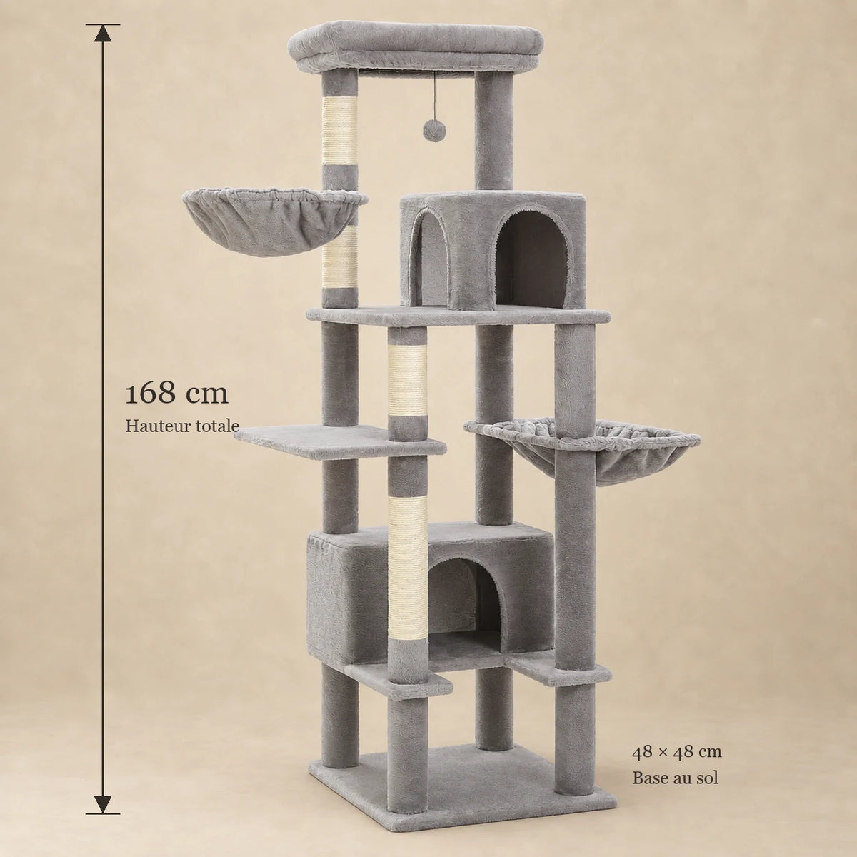 Dimensions de l'arbre à chat Harlow : hauteur 168 cm et base de 48 × 48 cm