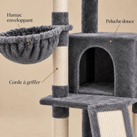 Détails de la peluche grise, de la corde à griffer et du hamac de l’arbre à chat Flint