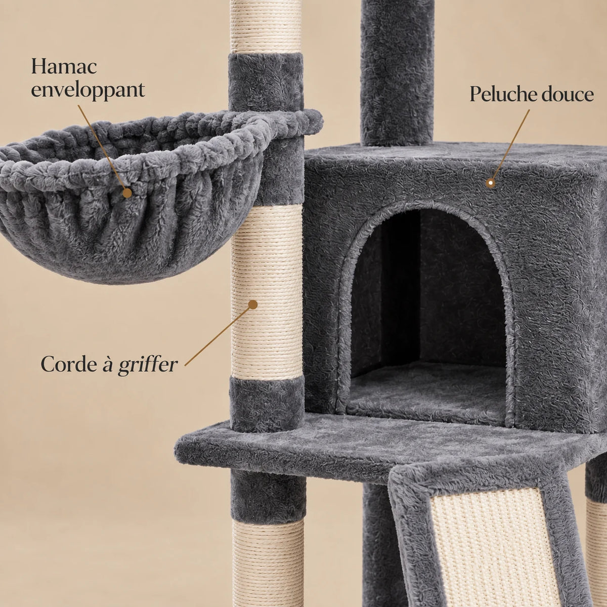 Détails de la peluche grise, de la corde à griffer et du hamac de l’arbre à chat Flint