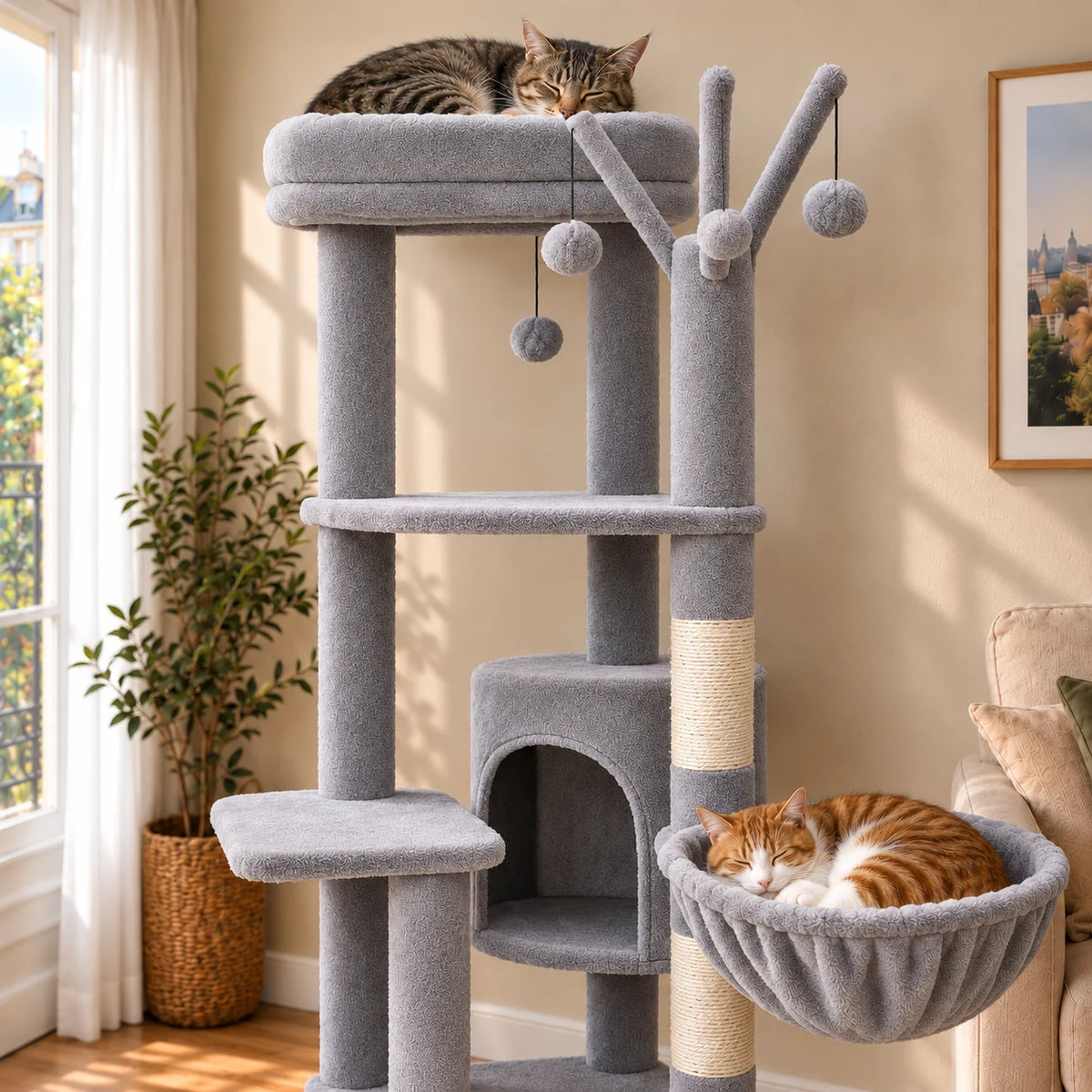 Gros plan de deux chats endormis sur l'arbre à chat Heather gris, avec hamac et niche