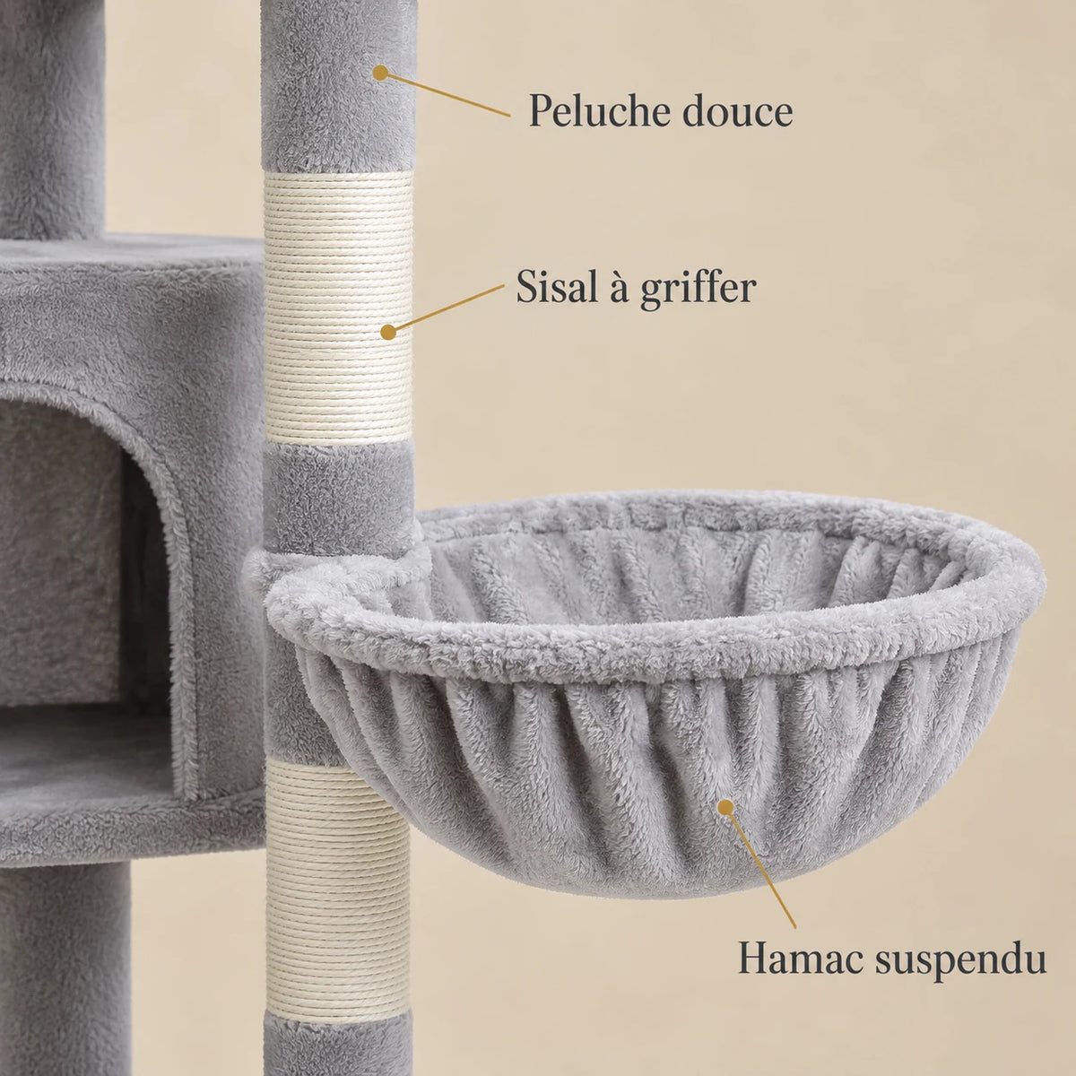 Détails de la peluche grise, du sisal à griffer et du hamac suspendu de l'arbre à chat Heather