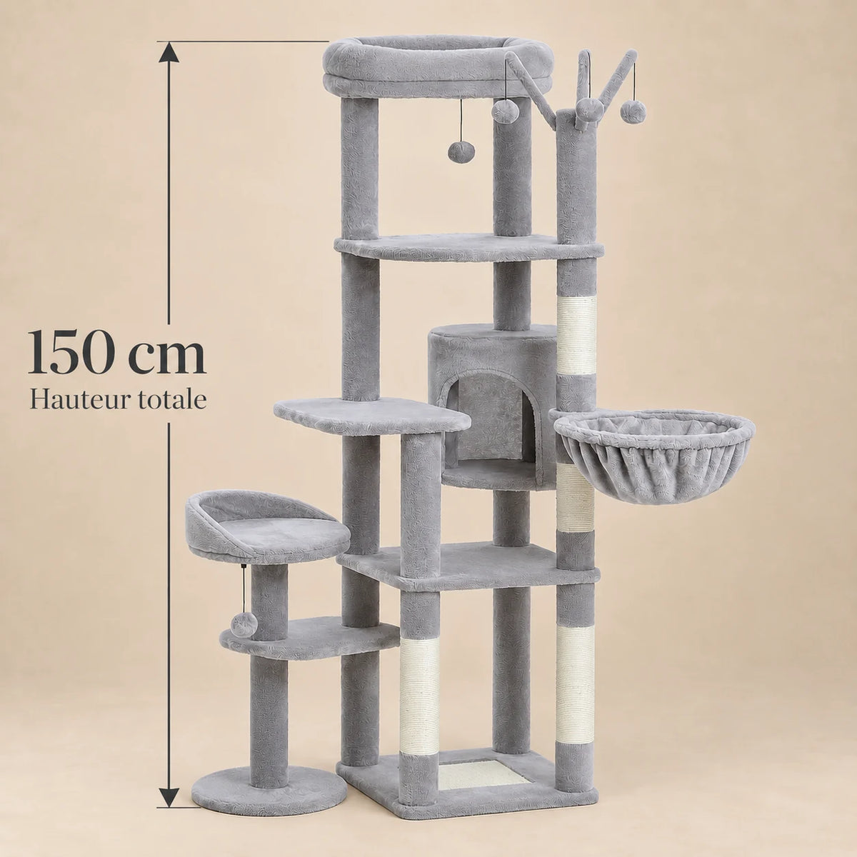 Dimensions de l'arbre à chat Heather gris pour plusieurs chats : hauteur totale vérifiée de 150 cm