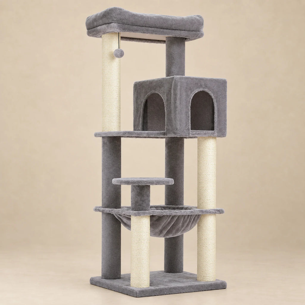 Arbre à chat Steel gris renforcé de 147 cm avec niche et hamac sur fond beige