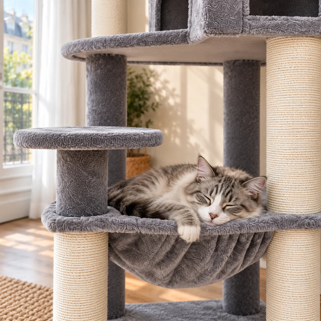 Chat endormi dans le hamac gris de l’arbre à chat Steel à poteaux en sisal