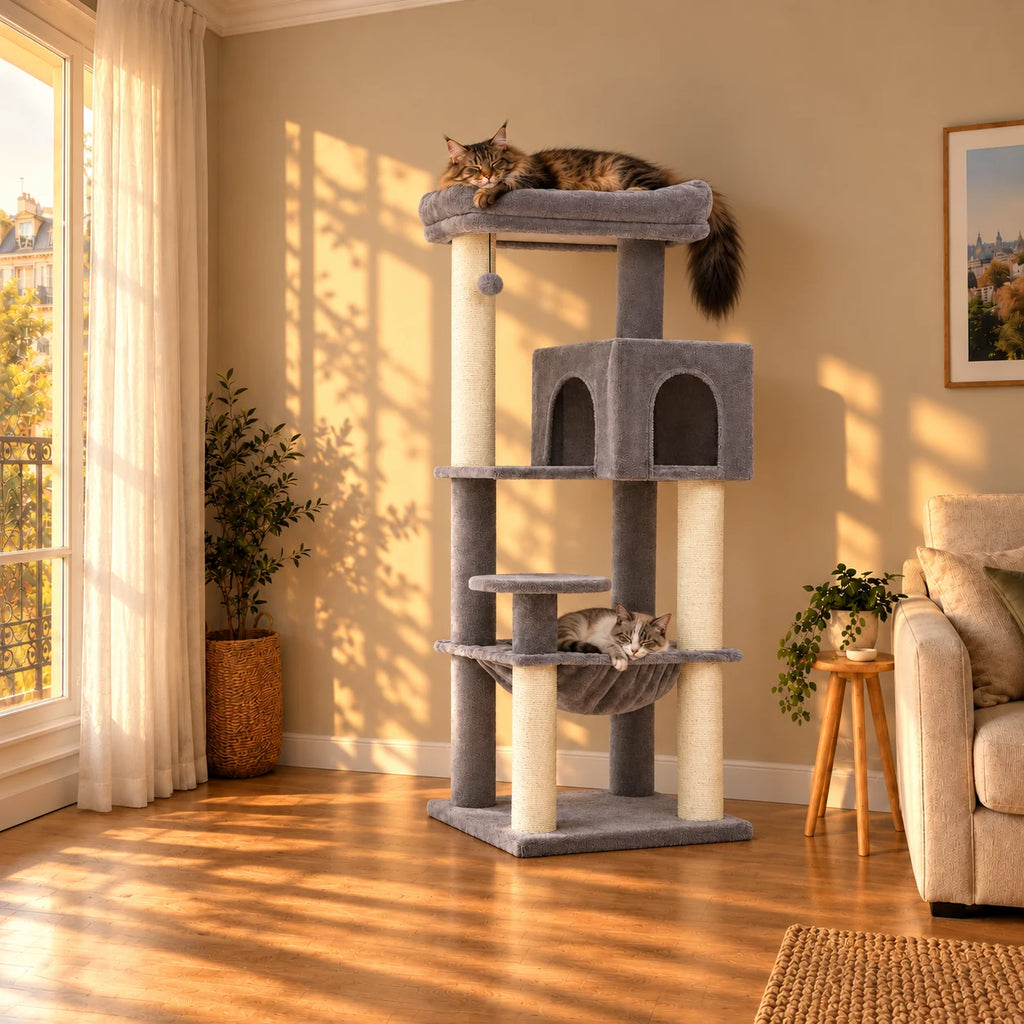 Arbre à chat Steel gris dans le salon au coucher du soleil avec deux chats endormis