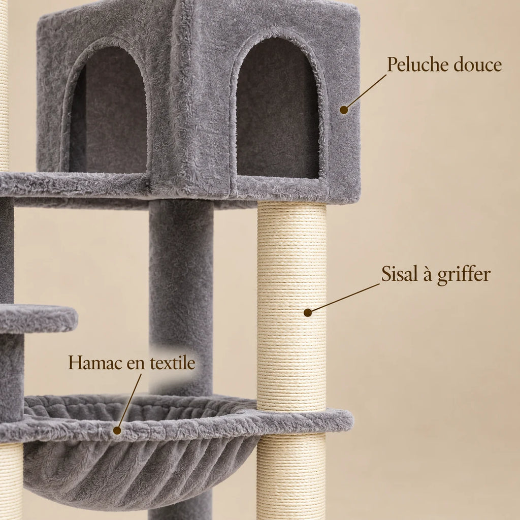 Détails de la peluche grise, du sisal et du hamac de l’arbre à chat Steel