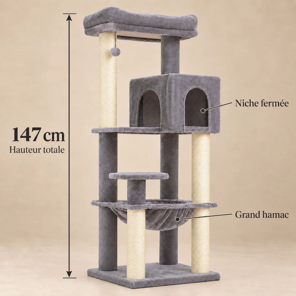 Dimensions de l’arbre à chat Steel gris renforcé : hauteur totale de 147 cm