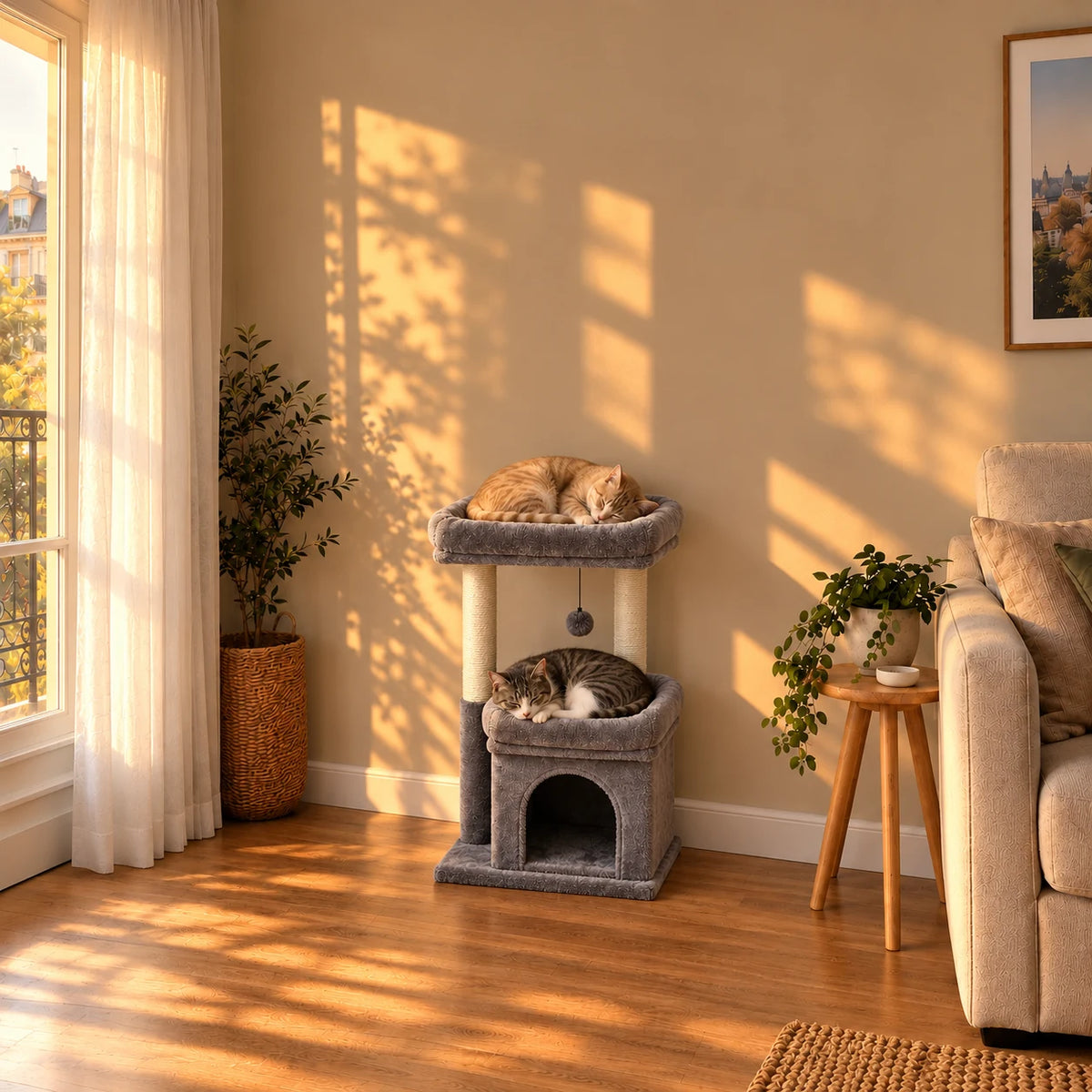 Arbre à chat Storm gris dans le même salon au coucher du soleil avec un chat endormi