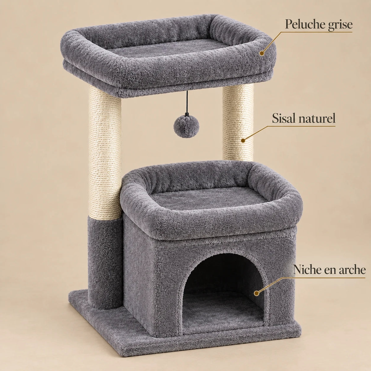 Détails de Storm : peluche grise, poteaux en sisal naturel et niche à ouverture en arche