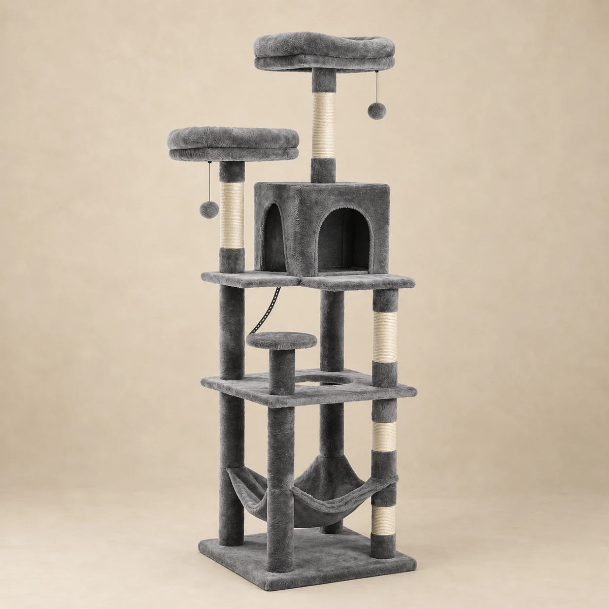 Arbre à chat Silex gris de 180 cm, vue entière avec niche haute et hamac bas sur fond beige