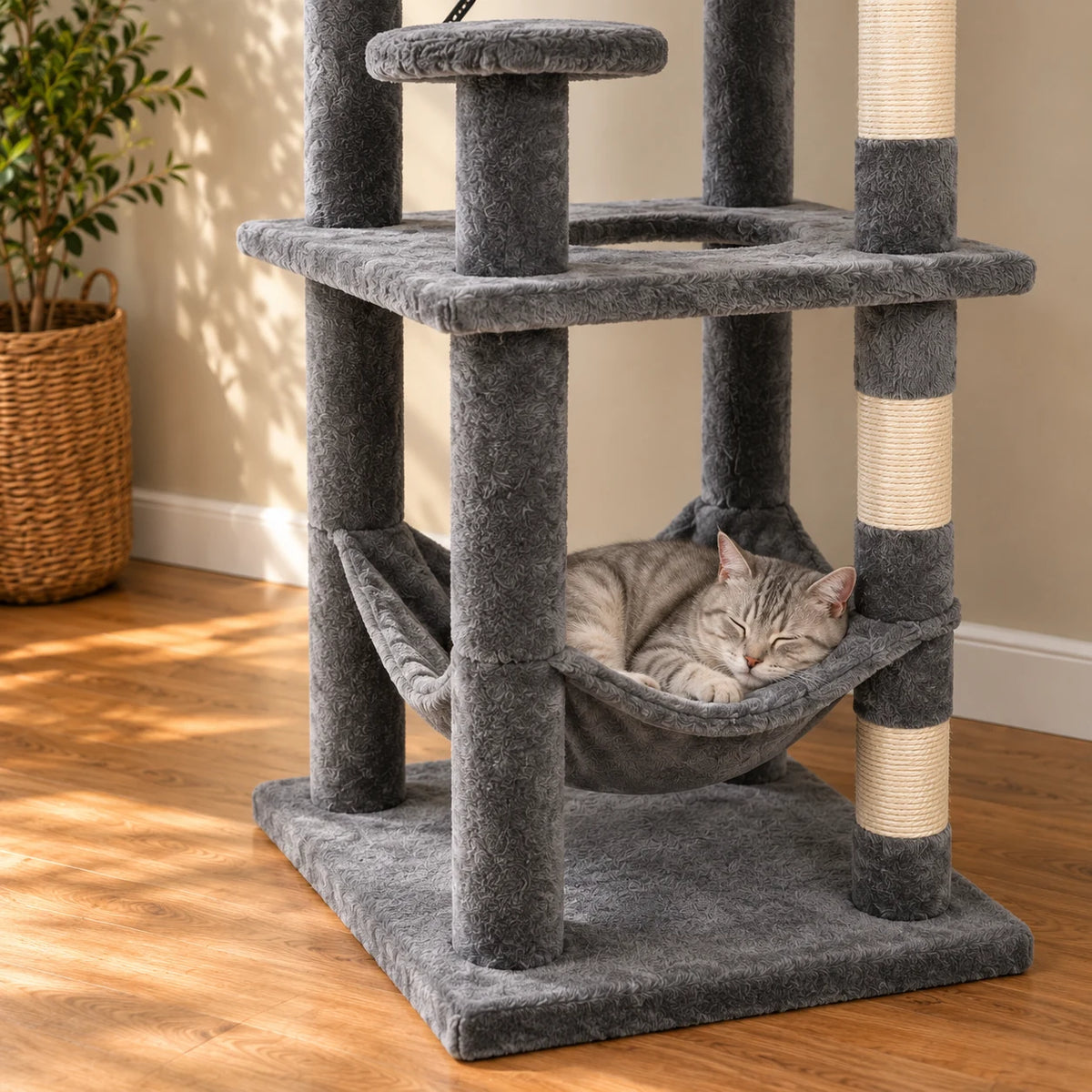 Chat gris clair endormi dans le hamac bas de l’arbre à chat Silex gris