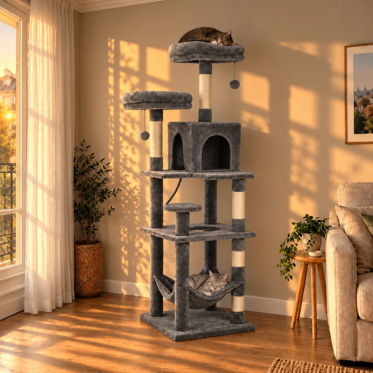 Arbre à chat Silex gris de 180 cm dans le même salon au coucher du soleil avec deux chats endormis