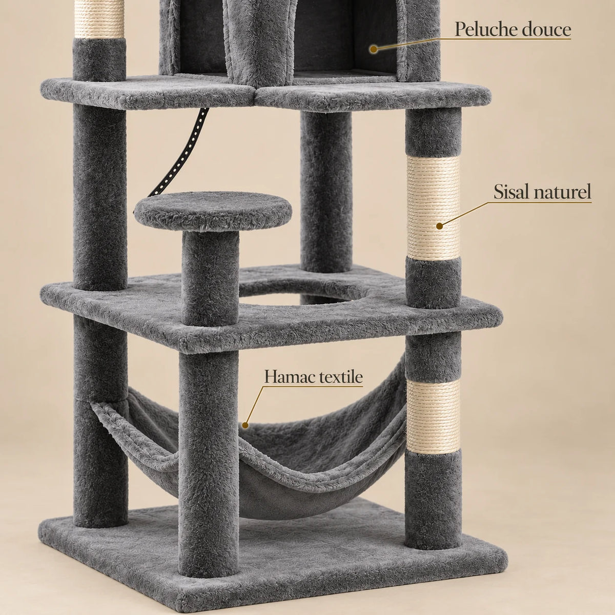 Détails de Silex : peluche grise, corde en sisal naturel et hamac textile bas