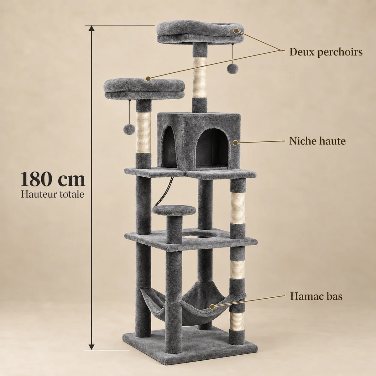 Dimensions vérifiées de Silex gris : hauteur totale de 180 cm, niche haute, deux perchoirs et hamac bas