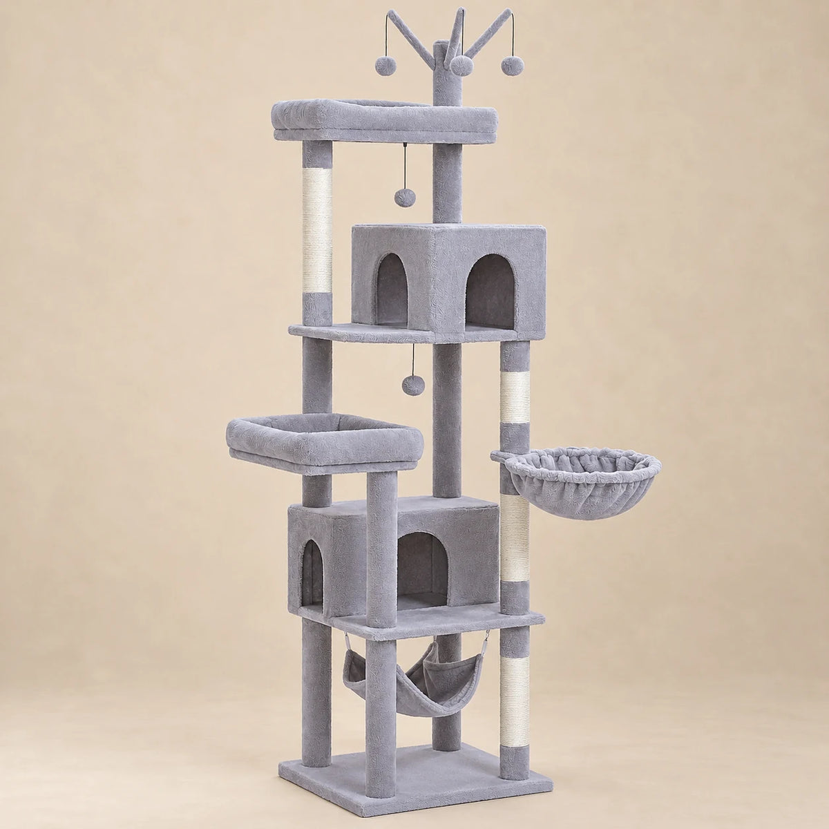 Arbre à chat gris Sterling XXL de 190 cm, vue entière sur fond beige