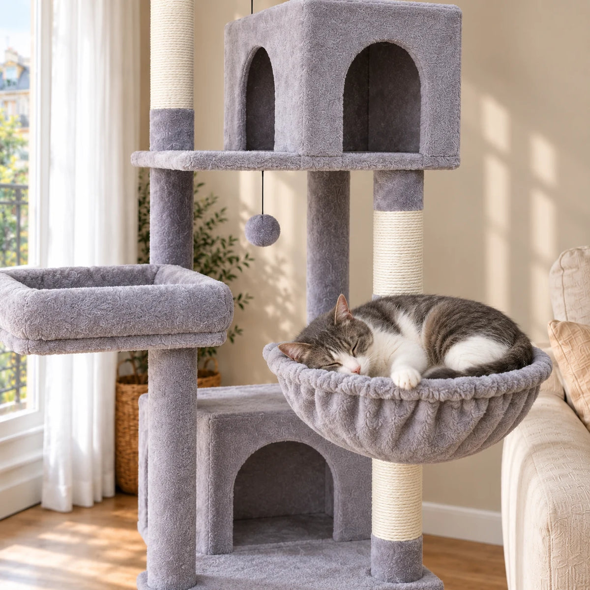 Chat gris et blanc endormi dans le hamac coupelle de l'arbre à chat Sterling