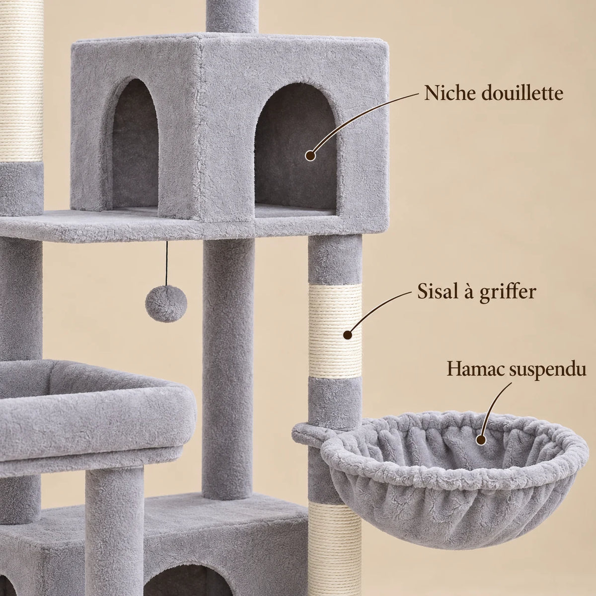 Détails de l'arbre à chat Sterling : sisal crème à griffer, niche grise et hamac suspendu