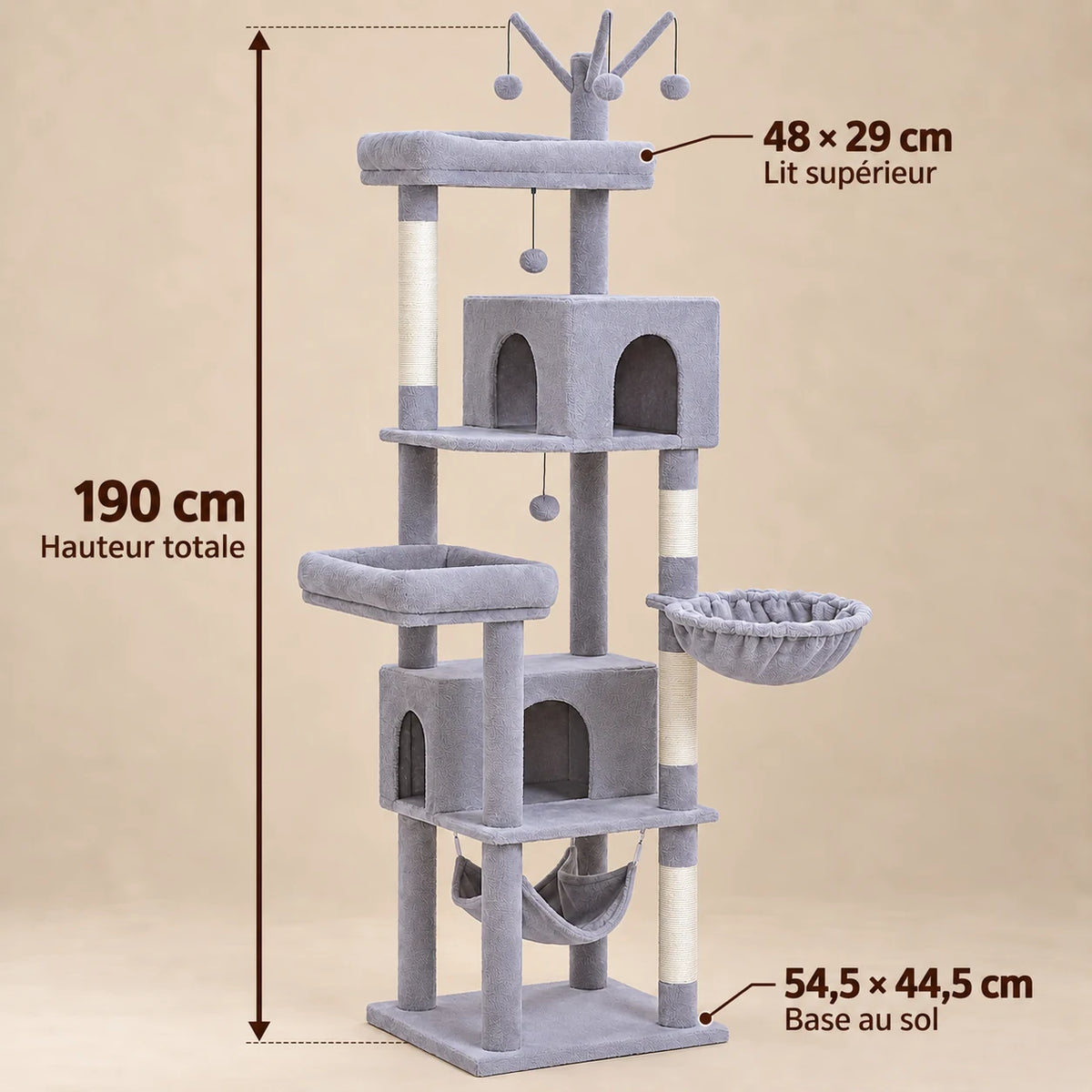 Dimensions de l'arbre à chat Sterling : hauteur 190 cm, lit supérieur 48 × 29 cm et base 54,5 × 44,5 cm