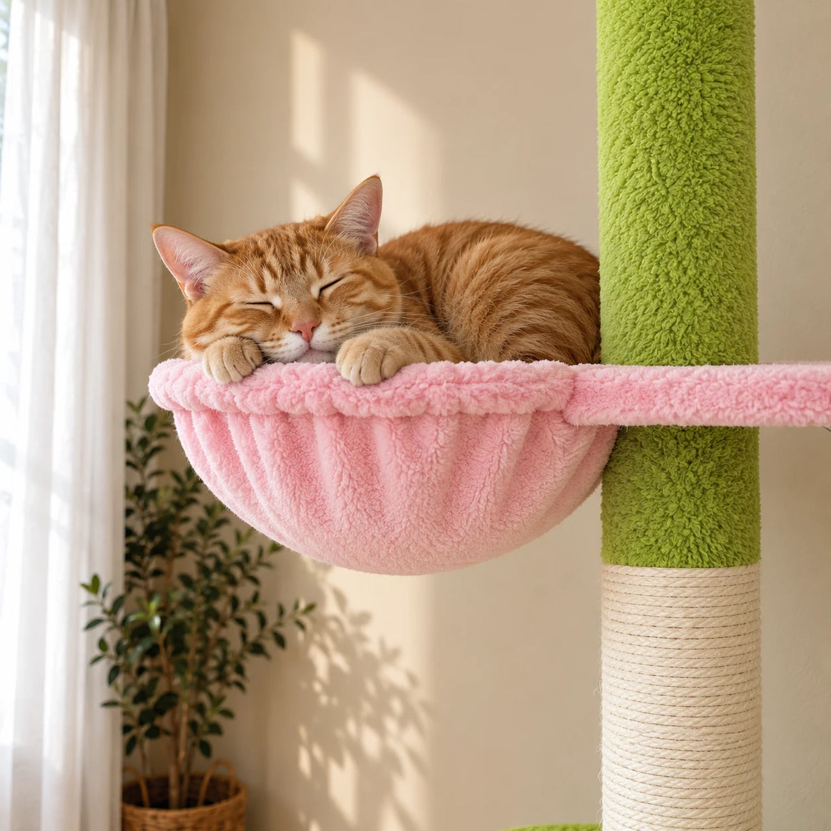 Chat roux endormi dans la nacelle rose de l'arbre à chat Mallow, détail rapproché