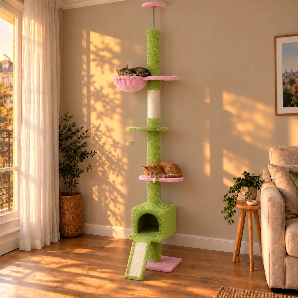 Arbre à chat Mallow rose et vert dans un salon au soleil couchant avec deux chats endormis