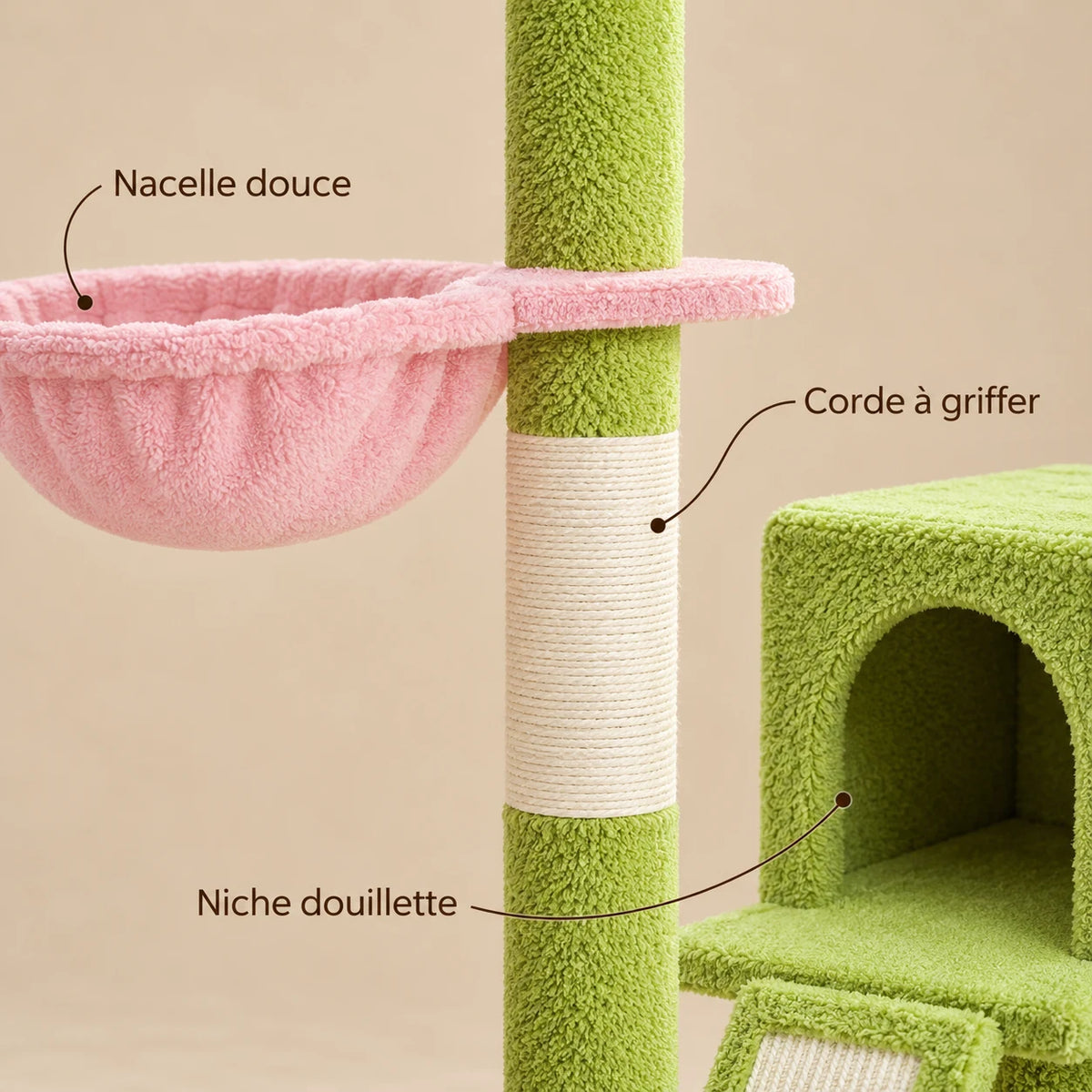 Détails de l'arbre à chat Mallow : nacelle rose, corde à griffer et niche verte