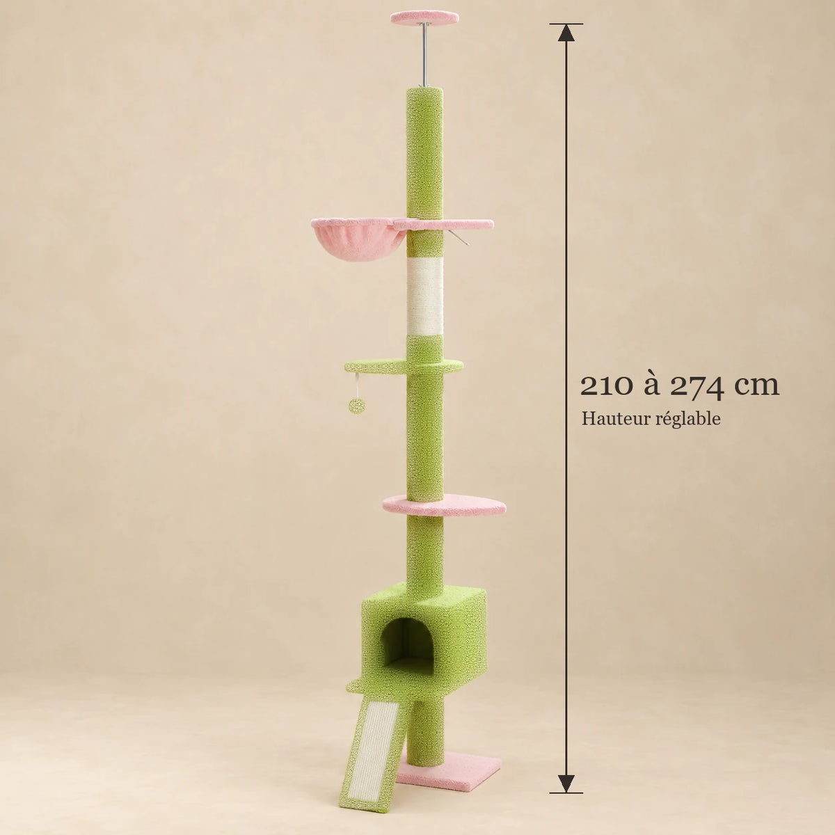 Dimensions de l'arbre à chat Mallow rose et vert : hauteur réglable de 210 à 274 cm