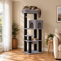 Arbre à chat Jett noir et gris dans un salon avec deux chats endormis sur le perchoir et dans le hamac