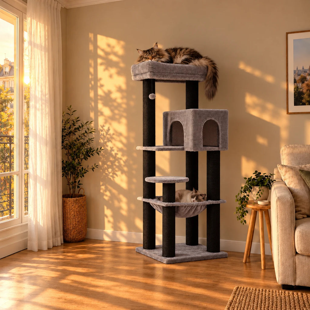 Arbre à chat Jett noir et gris dans le salon au coucher du soleil avec deux chats endormis